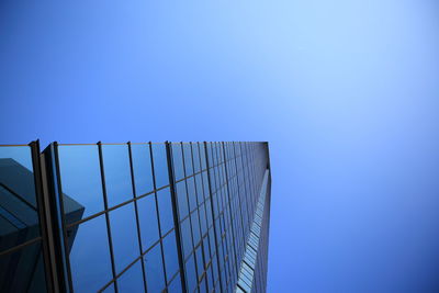 Low angle view of modern building against clear blue sky