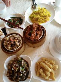 High angle view of food served on table