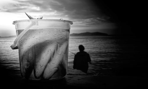 Rear view of silhouette man fishing at beach during sunset