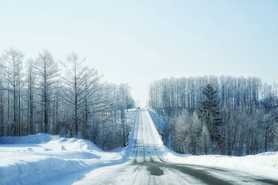 Snow covered trees against clear sky