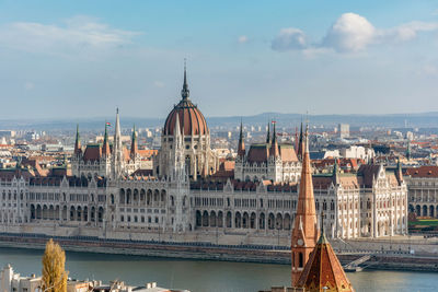 Cityscape of budapest and hungarian parliament on bank of danube river