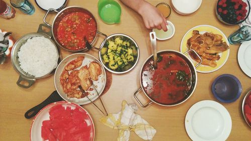 High angle view of food served on table