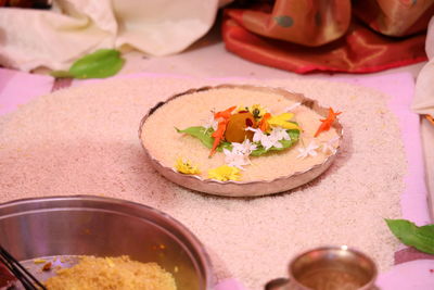 Top view of indian traditional pooja devotional things