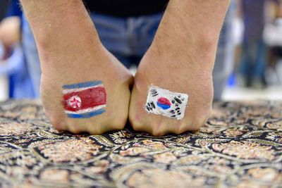 Low section of mans hands with painted flags of south and north korea