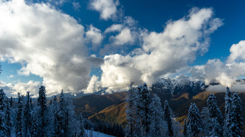 Panoramic view of snowcapped mountains against sky