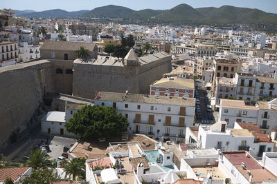 High angle view of buildings in town