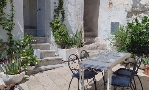 Potted plants on table against building