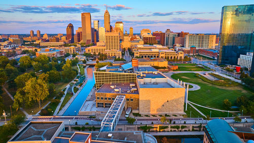 High angle view of buildings in city