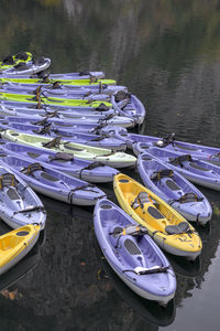 High angle view of boats moored in lake