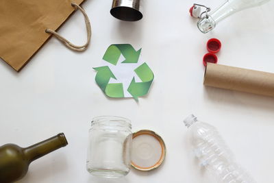 High angle view of bottles on table