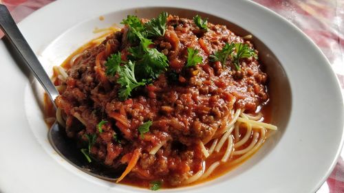 High angle view of noodles in bowl on table