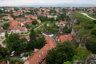 High angle view of townscape and trees in city