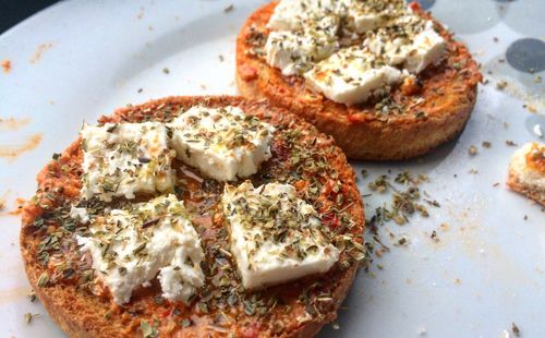 High angle view of toasted breads in plate