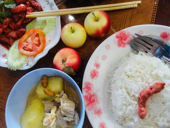 High angle view of meal served in plate on table