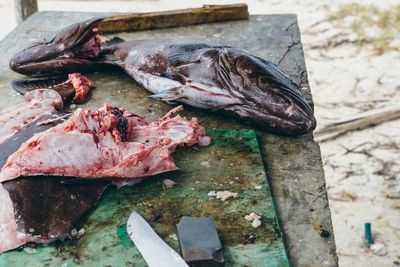 High angle view of fish on table
