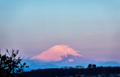 Scenic view of volcanic mountain against sky during sunset