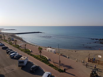 High angle view of beach against clear sky