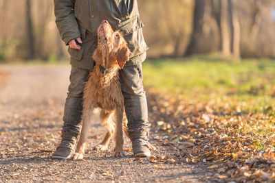 Low section of man with dog standing on land