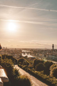 High angle view of cityscape against sky during sunset