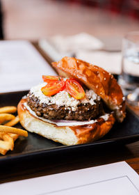 Close-up of burger in tray