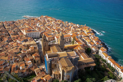 High angle view of buildings in city