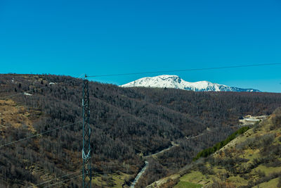 Scenic view of mountains against clear blue sky