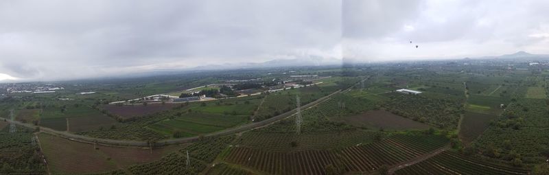 High angle view of vineyard against sky