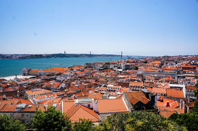 High angle view of townscape by sea against clear sky