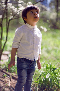 Caucasian child boy in a white shirt stands outdoors in the garden on a background of grass