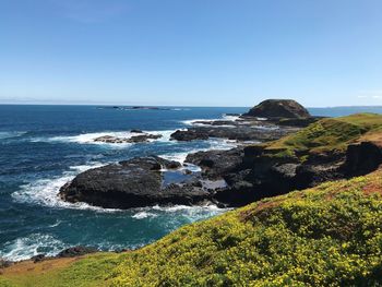 Scenic view of sea against clear blue sky