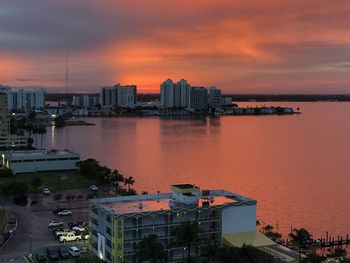 High angle view of buildings against sky during sunset
