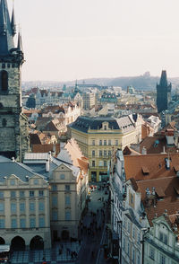 High angle view of buildings in city against clear sky