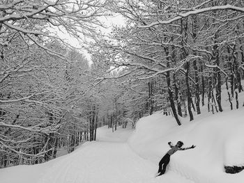 Man skiing on snow covered tree