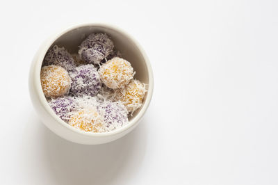 Close-up high angle view of food over white background