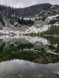 Scenic view of lake by trees on mountain