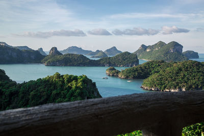 Scenic view of sea and rock formation against sky