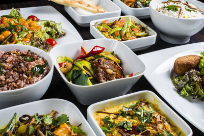 High angle view of food served on table