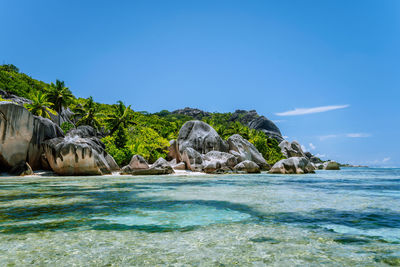 Scenic view of rocks in sea against blue sky
