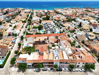 High angle view of buildings in city