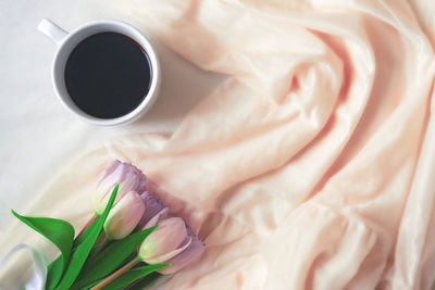 High angle view of coffee cup on table