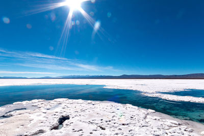 Scenic view of sea against blue sky on sunny day