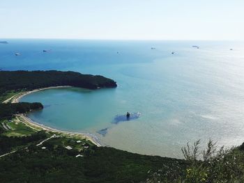 High angle view of bay against sky