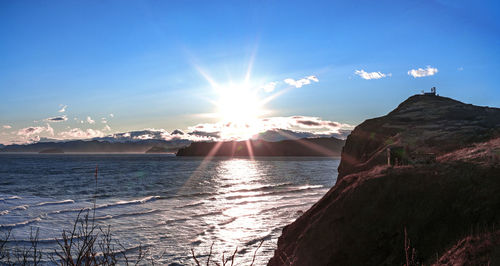 Scenic view of sea against bright sun