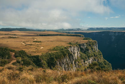 Fortaleza canyon with steep rocky cliffs covered by forest near cambará do sul. brazil.