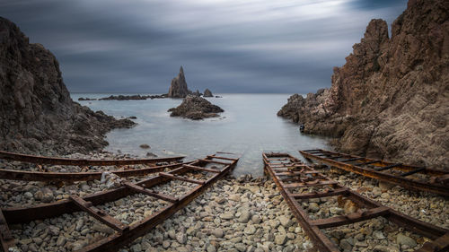 Panoramic view of railroad tracks by sea against sky