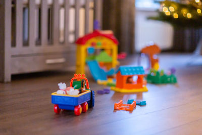 Close-up of toys on floor at home