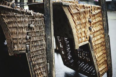 Close-up of wicker basket hanging