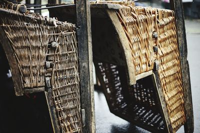 Close-up of wicker sled in funchal