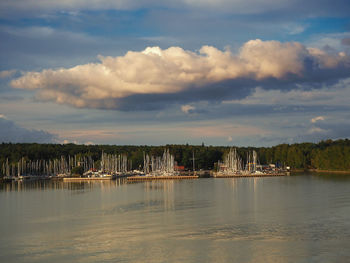 Light shining on the masts of sailing boats in a marina in the turku achipelago, finland
