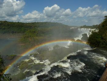 Scenic view of rainbow over mountains against sky